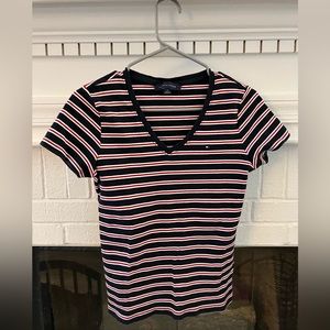 Tommy Hilfiger Striped V-neck Tee Shirt, Medium